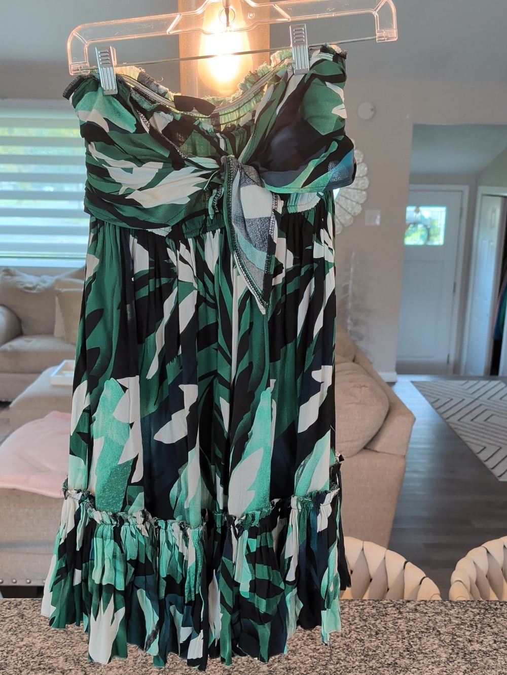 Vici Strapless Abstract Leaf Print Dress in Green and Black